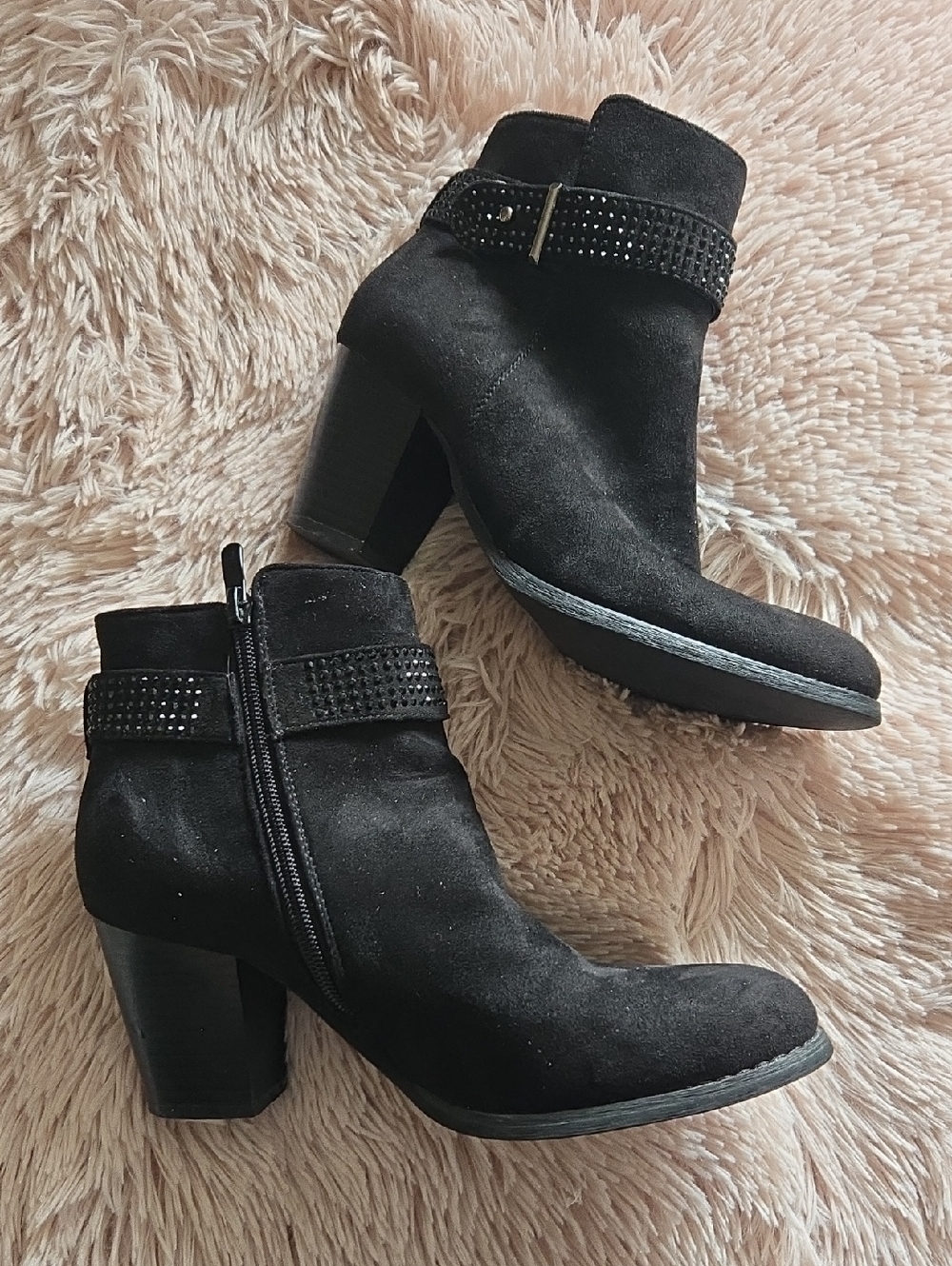 Flyfor Women’s Black Suede Ankle Boots with Studded Strap Size 38